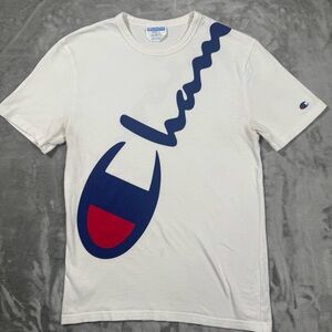 Champion T Shirt Men’s Wrap Around Script Logo White Size S Short Sleeve